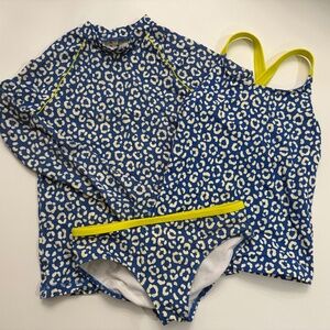 Mini Boden Blue Leopard Rashguard, Tankini, Bikini Bottom Set Size 9-10Y